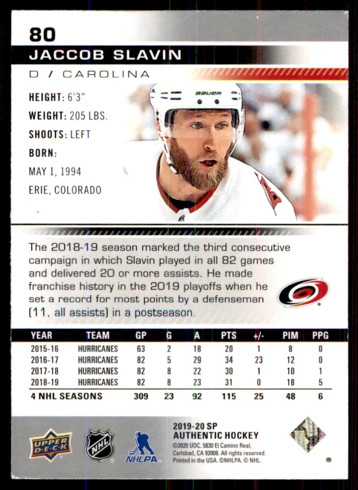2019-20 SP Authentic Jaccob Slavin #80 - Image 2 of 2