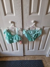 Justice 2-Pc Bikini Swimsuit Asymmetric Eyelet Shoulder size 5/6 Mint /Aqua NEW