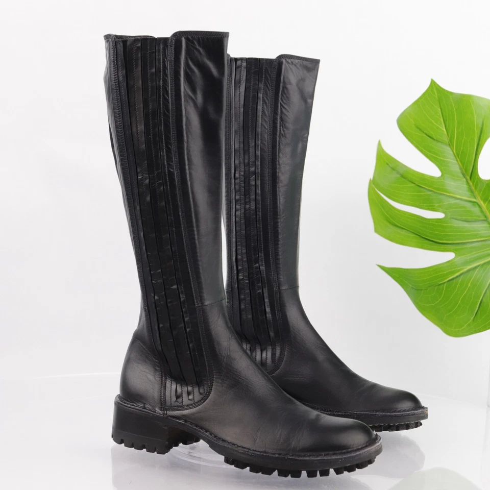 Bota para mujer Rocco P. talla 36,5 6 alta suela moto cuero negro tirar de Italia Foto 2 de 4