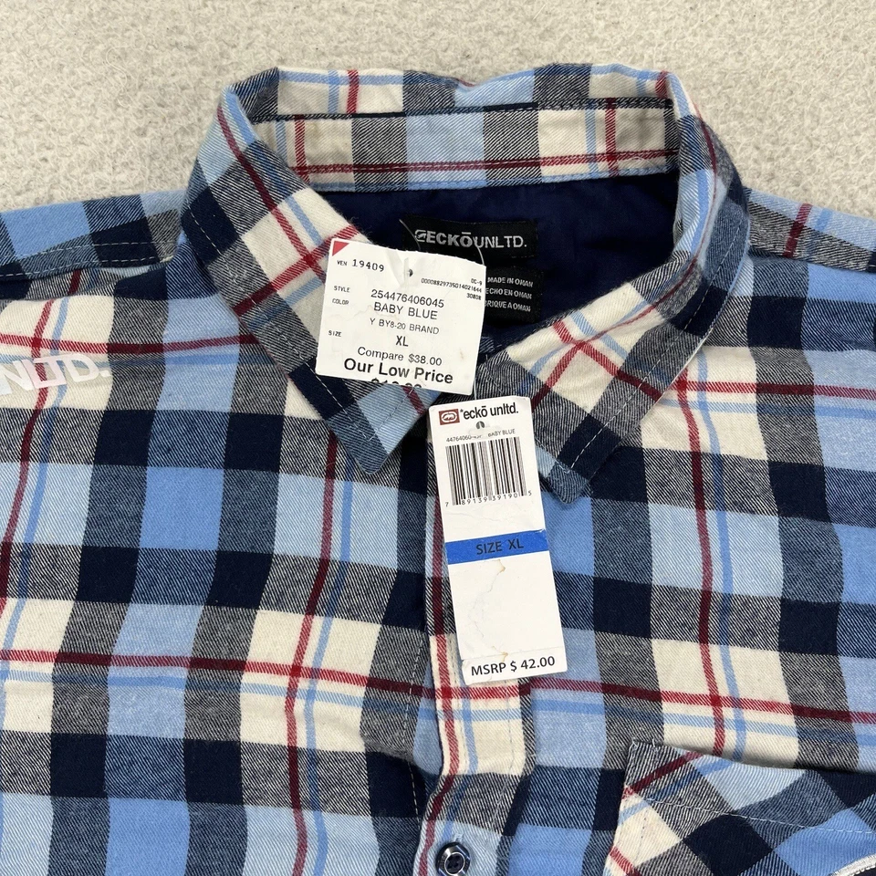Camisa de Franela Ecko Unltd Niños Extra Grande Azul a Cuadros Rinoceronte Abotonada Juvenil Nueva Foto 2 de 4