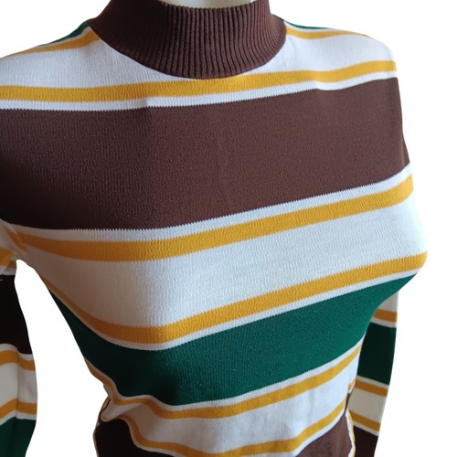 Damen XS Vintage T-Shirt Einzelnaht gestreift Rollkragen braun/grün/gelb