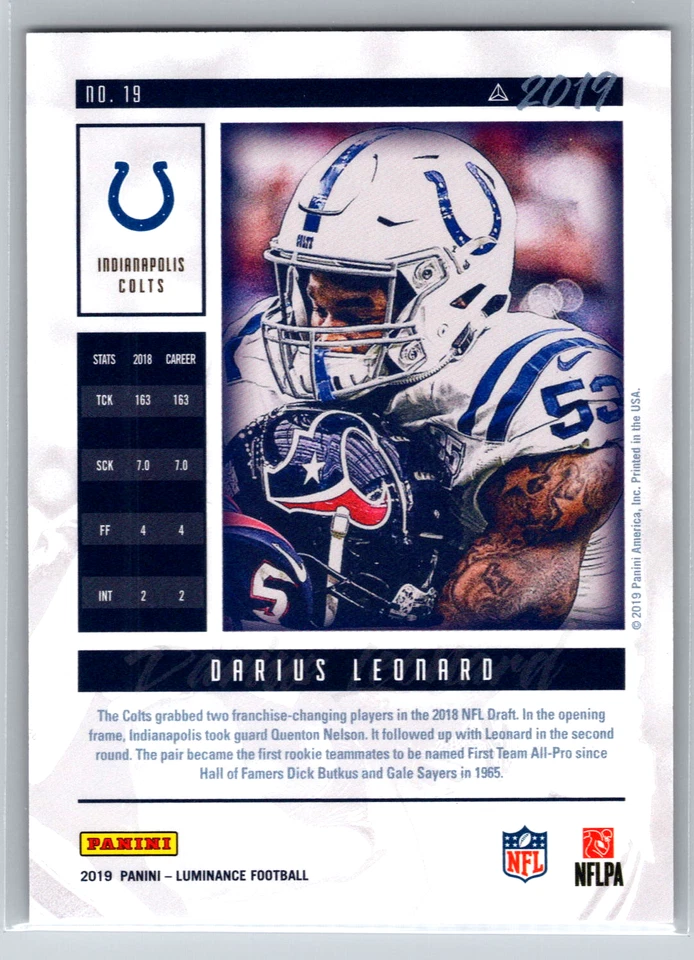 Darius Leonard 2019 Panini Luminance Green /49 #19 Indianapolis Colts Shaquille - Image 2 of 2