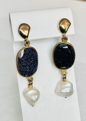 Blue Goldstone Druzy Dangle Earrings w/ Large Baroque Freshwater Pearls
