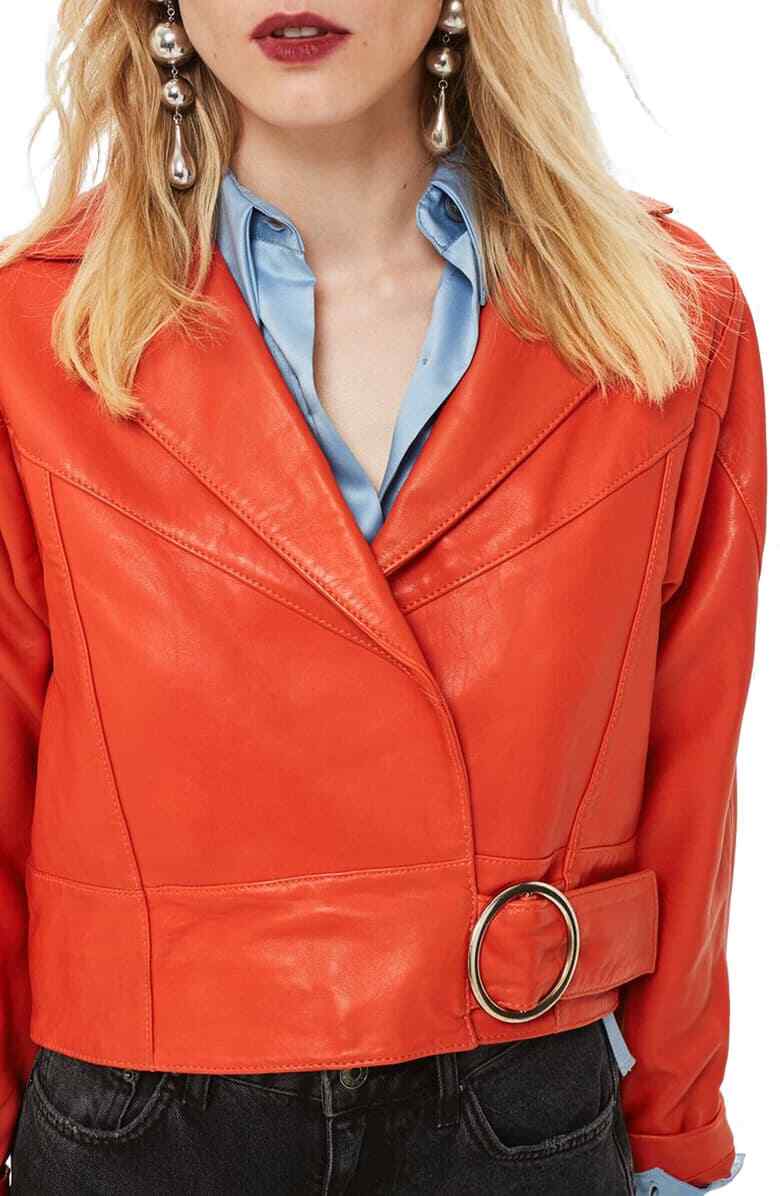 Topshop X6602 Crop Leather Moto Red Jacket Size 6 US (fits like 2