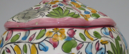 PORTUGESE ALGARVE POTTERY SIGNED SALT BOX - HAND or STAND ALONE w/BAMBOO SPOON - Picture 7 of 7