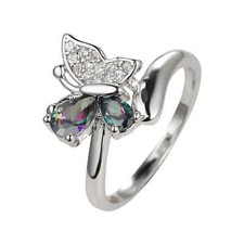 10K White Gold-Plated Butterfly Ring W/Smokey Purple White Crystals-Sz 6-Nice