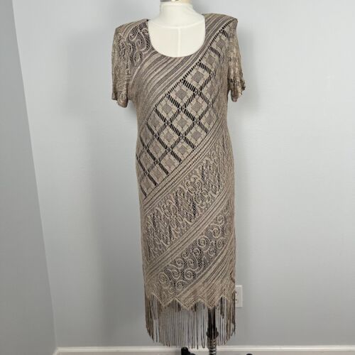 Vintage Helene Blake Szydełkowa sukienka Rozmiar 14 Midi Podszewka Stretch Frędzle Boho Tan