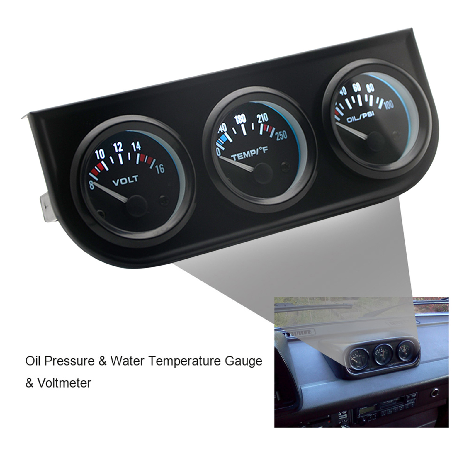 2" Chrome Panel Oil Pressure Water Temp Volt Gauge Meter Triple Auto