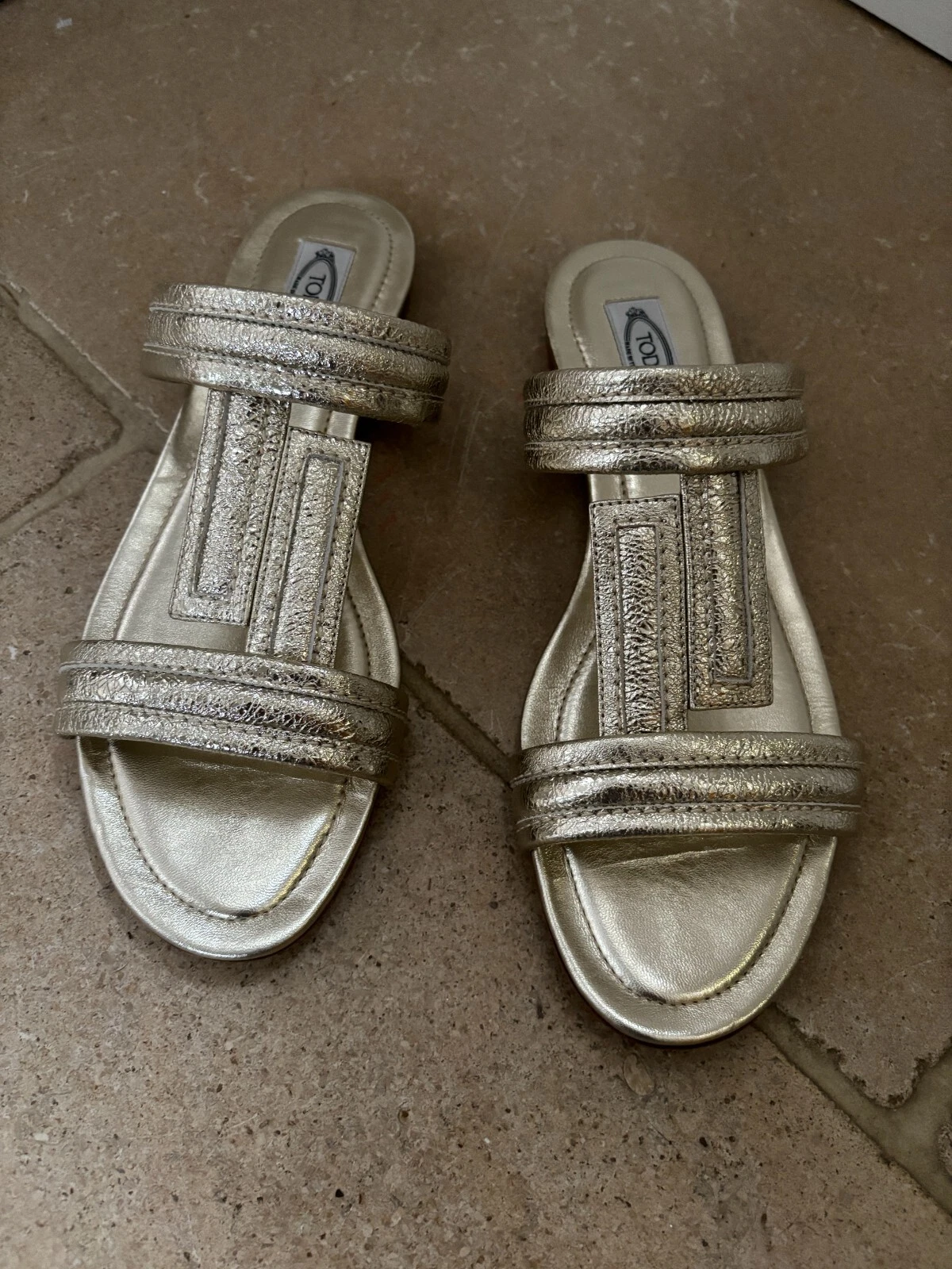 TOD’S Sandali Tods Doppia T Piatti in Pelle Glitter Oro UK 7 5 EU 41