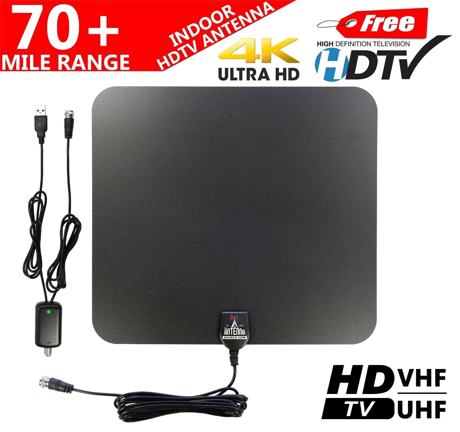 70+ Mile Indoor VHF/UHF 4K/1080P HD Digital TV Antenna w/Amplified ...