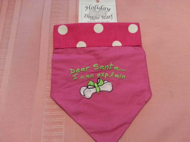HOLIDAY DOGGIE SCARF - fits any doggie collar - "I Can Explain" - pink with bone