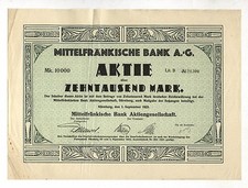 Bank f&uuml;r Mittelfranken AG &ndash; Aktie &uuml;ber 10.000 Mark, N&Uuml;RNBERG, 1. Sept. 1923