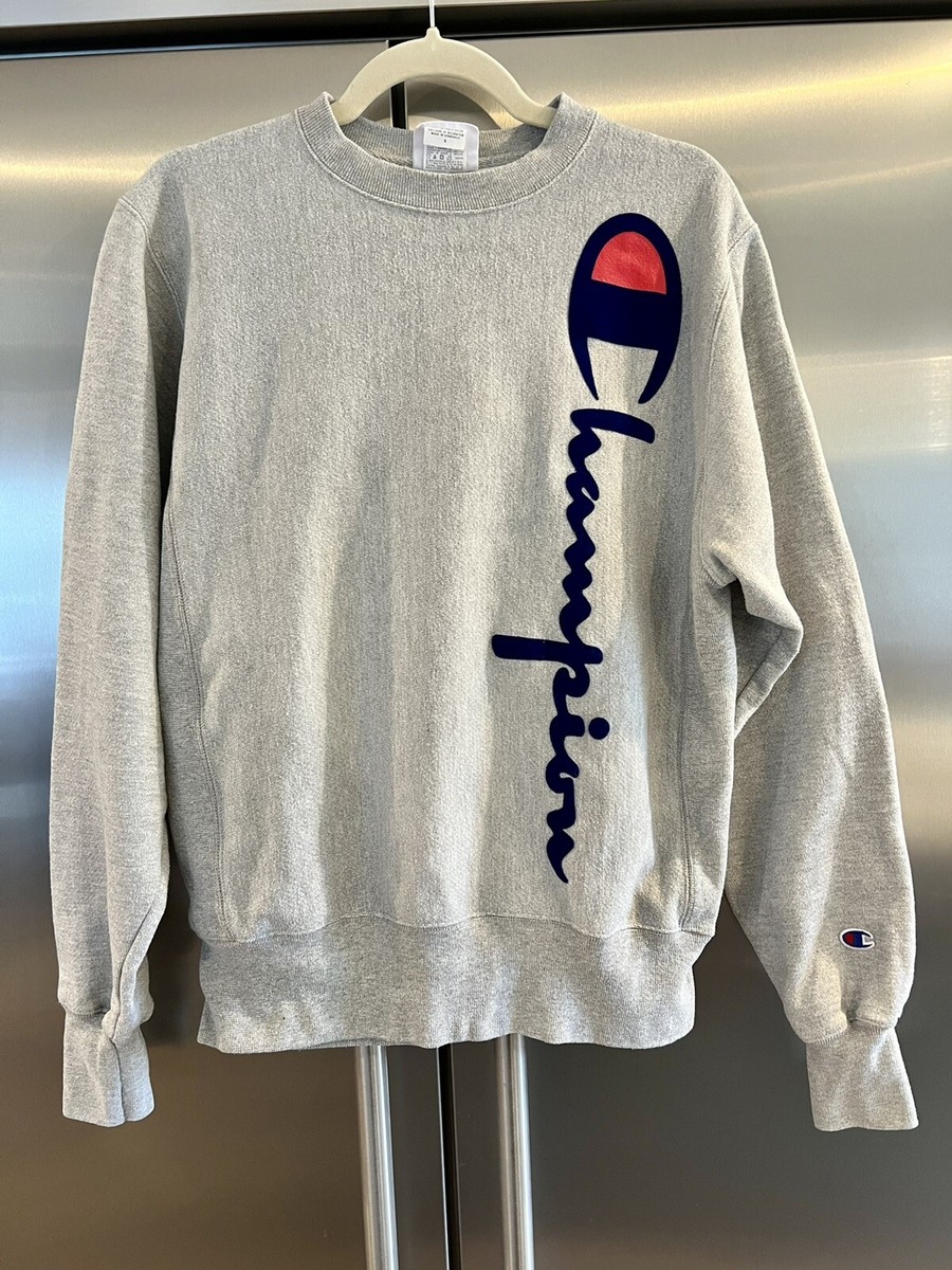 Champion Reverse Weave Large Flocked Logo Gray Mens Small | eBay