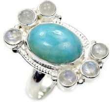 Carribean Paradise' Large Larimar Moonstone Ring Sterling Silver Ring Size 8