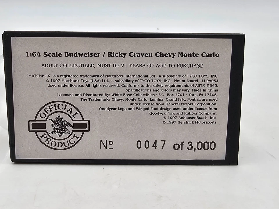Matchbox Nascar 1997 Ricky Craven #25 Budweiser Monte Carlo в стеклянной бутылке 1:64 - Изображение 3 из 4