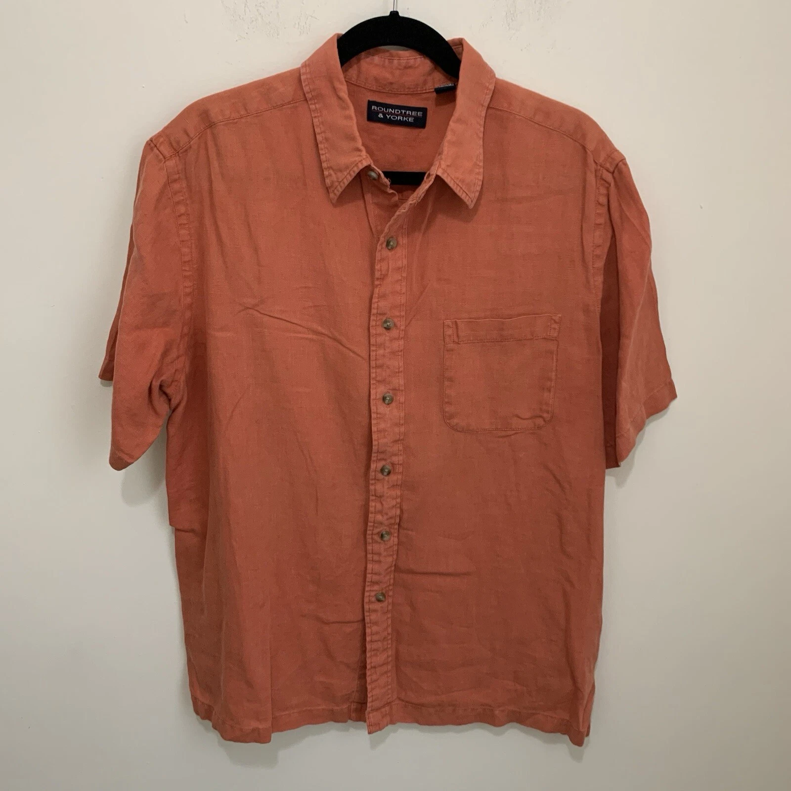 Roundtree & Yorke Peach Men's L Short Sleeve Button Up Shirt 100% Linen Summer
