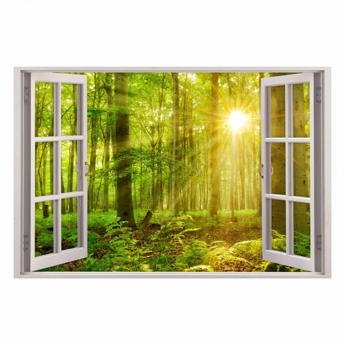 216 Wandtattoo Fenster - grüner Wald 2 Sonnenstrahlen - Bild 1 von 8