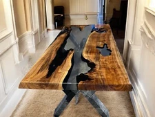 Clear Epoxy Resin Top Dining Table Handmade Natural Acacia Wooden Console Decors