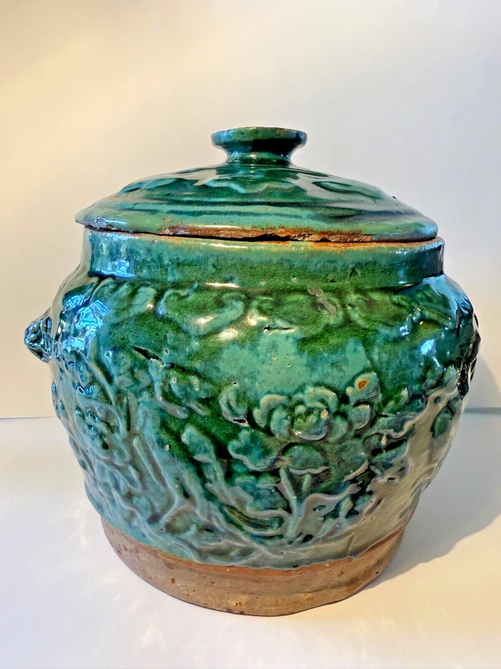 Shiwan Green Lidded Ginger Jar - Large Old - Antique Pottery Pot - Image 2 of 4