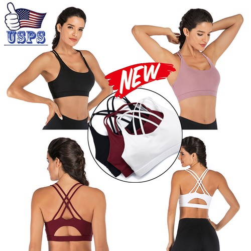 Women Padded Removable Sports Bra Cross Back Hollow Out Yoga Running Bra Tops US