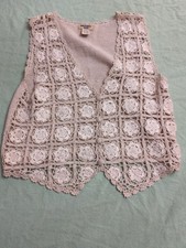 Northwest Blue Vest Womens Small Beige Floral Crochet Grannycore Vintage Button