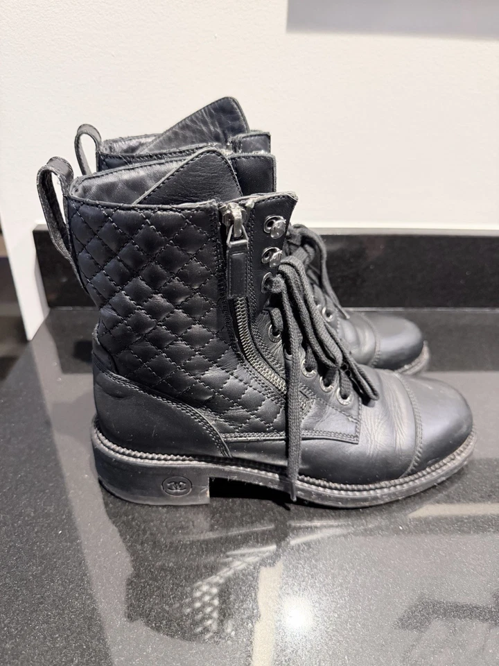 Chanel Black Leather Quilted Combat Boots Size 38 - Image 2 of 4