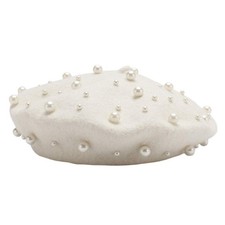Womens Wool Berets Sweet French Pearl Beaded Cap Winter Hat Knitted Soft