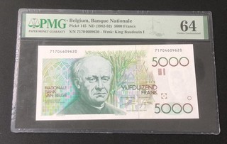 1982 92 Belgium Banque Nationale 5000 Frances Pick# 145 PMG 64 Choice UNC