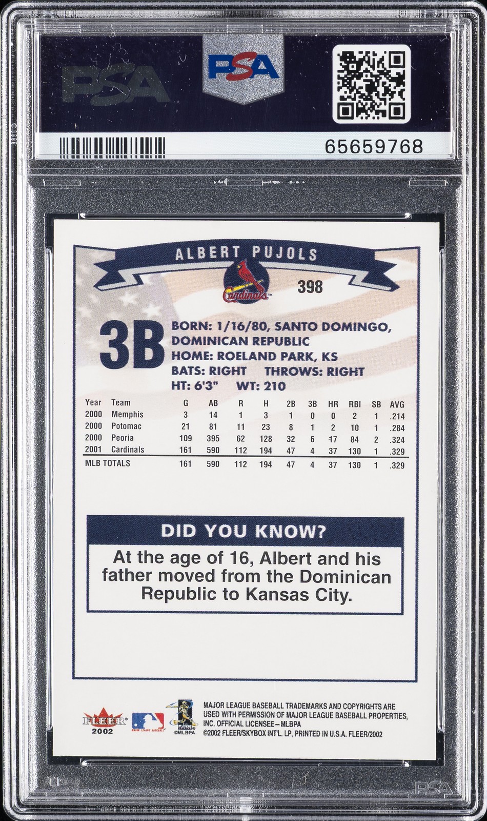 2002 FLEER #398 ALBERT PUJOLS PSA 10 view 2