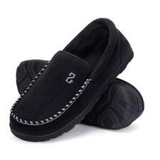 Men's Moccasin Slippers Memory Foam Indoor Outdoor Suede Upper, Non 11 Black