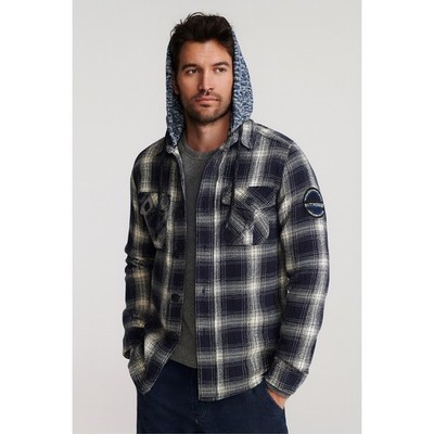 Superdry Everest Edition Plaid Hooded Shirt Jacket Mens S Blue Flannel