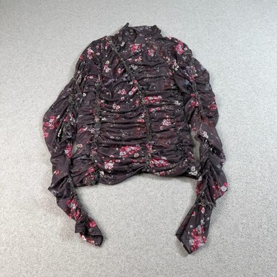 Cinq A Sept Elliann Shirt Women Large Gray Floral Mesh Ruch Ruffle Boho Romantic