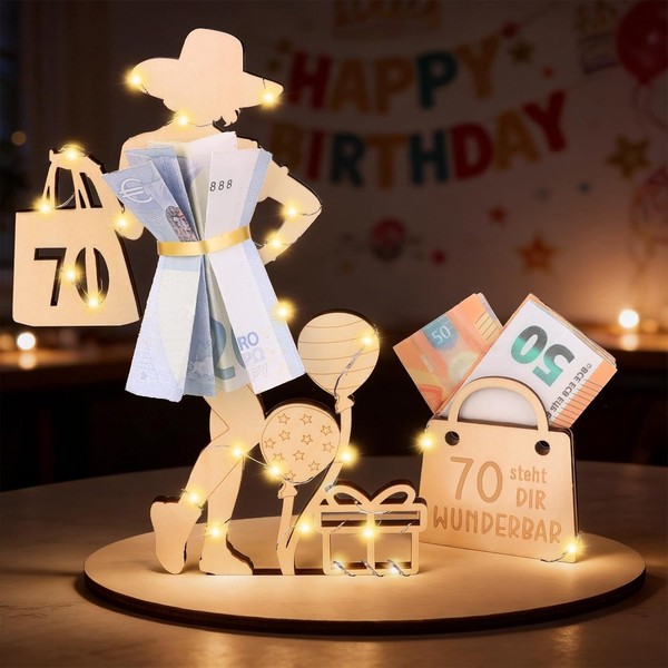 Geldgeschenke Geburtstag 70 Frau Mit LED Lichterkette Holz-Schild Deko Geschenk-image