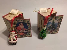 Pair of Vintage Mr. Christmas LY Tree Ornaments in Faux Book Box ornament