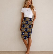 Maeve Anthropologie Kanara Skirt 8 Geometric Knit Pencil Midi Blue Mustard