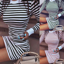 Women's Striped Long Sleeve Mini Bodycon Dress Ladies Casual Slim Fit Dresses US