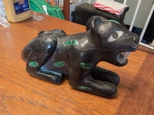 Teotihuacan Obsidian Malachite Mop Inlay Jaguar Cat Fetish / Sculpture / Effigy