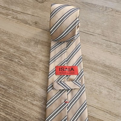 Isaia Napoli Neiman Marcus 7 Fold Men's Silk Striped Tie Beige and  White