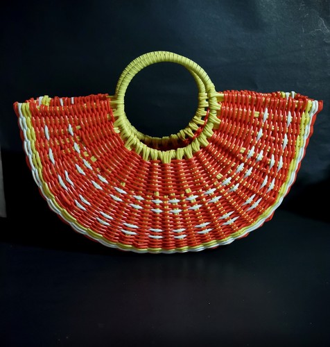 Woven Half Circle Beach Style Orange Tote Open Top Bag Double Handle 12x18 
