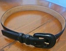 Vintage Italian Calfskin Leather Belt Black Shiny Buckle Medium