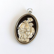 St. Anthony Pray For Us Silver Tone Brown Enamel Religious Medal Charm Pendant