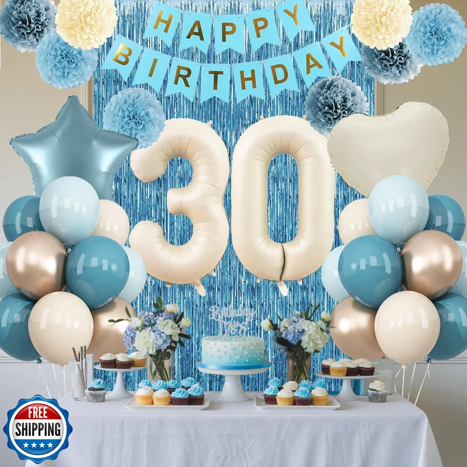 Пыльно-синий 30-й день рождения вечеринки украшения для него бежевый кремовый номер 30 мяч - Изображение 2 из 4