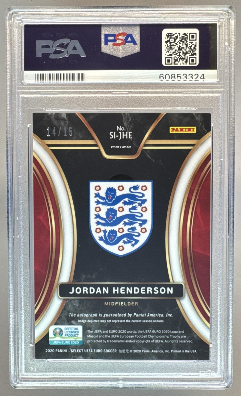 Jordan Henderson 2020 Panini Select UEFA Euro #SI-JH Green Prizm Auto /15 PSA 10 view 2