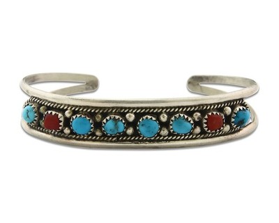 Vintage Navajo Bracelet 925 Silver Red Coral Turquoise Signed FA