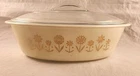 Glasbake Vintage Golden Daisy Design 3Qt Lidded Casserole Dish White Milk Glass