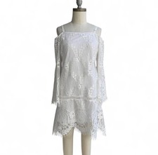 Nicole Miller White Lace Dress Sz 4 Fringe Details Long Sleeve Knee Length Boho