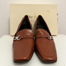 Coach Brown Leather Heeled Loafers Square Toe Silver Hardware Pump Heels