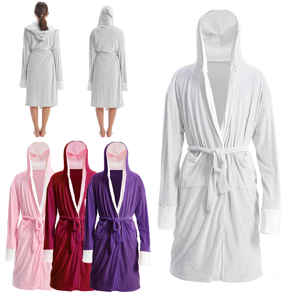 Womens Hooded Dressing Gown Robes Flannel Fleece Soft Plush Robe