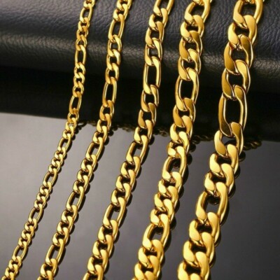 19CM-100CM GOLD EDELSTAHL FIGAROKETTE ARMBAND HALSKETTE GOLD FIGARO KETTE CHAIN