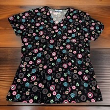 SB Scrub Top Women  s Small Black Flowers Colorful Floral Pockets Cotton Uniform